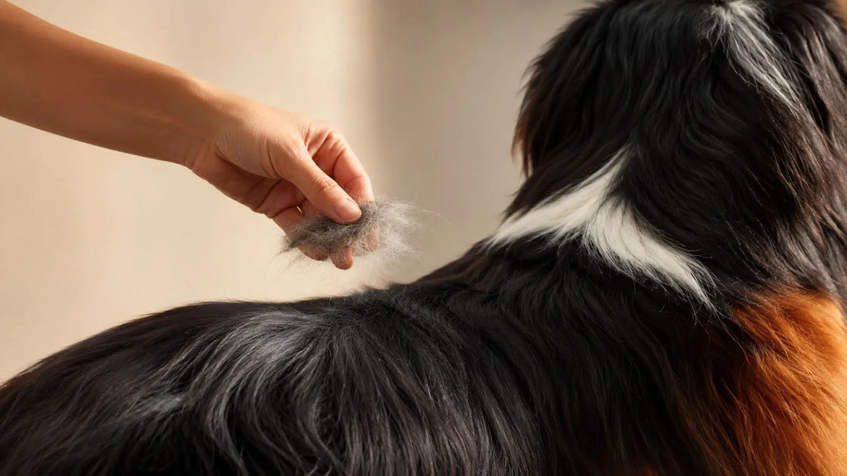 Bernés de la montaña con caída de pelo mientras una persona sostiene pelo suelto