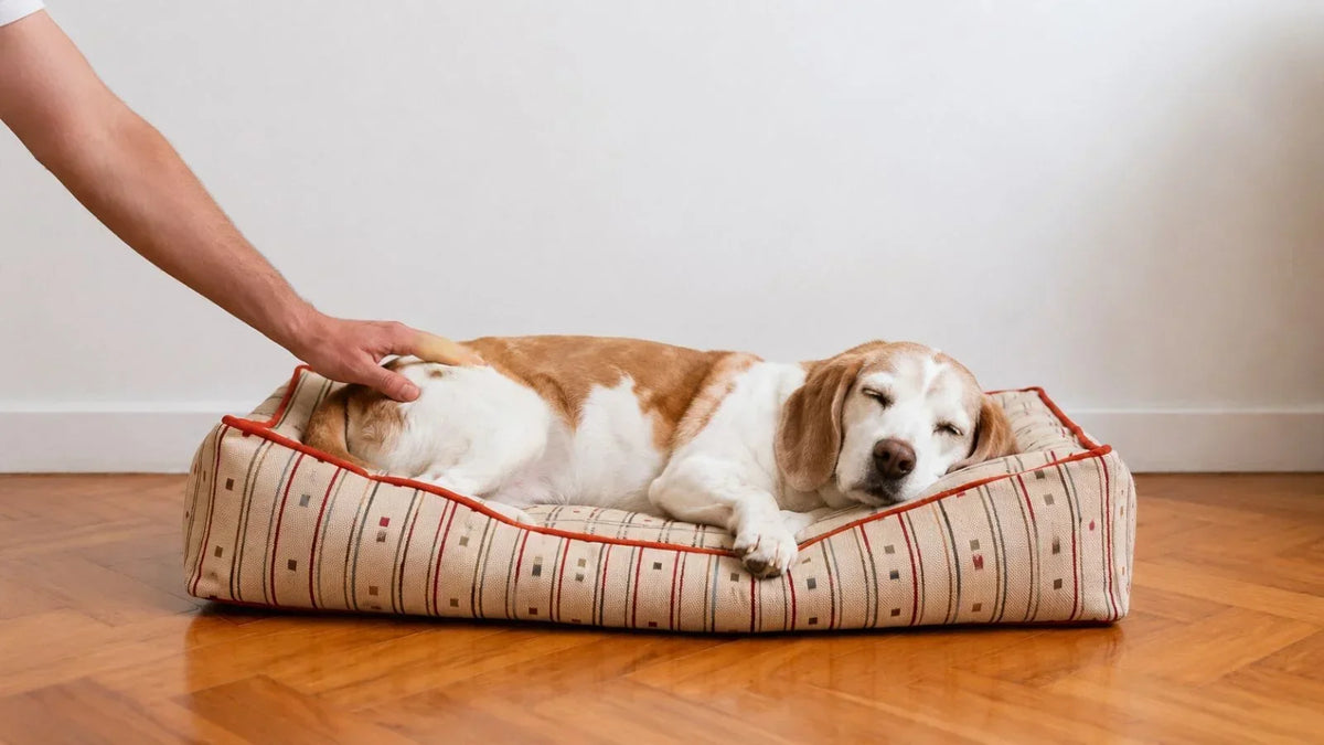 Perro descansando en su cama mientras una persona acaricia suavemente su cadera.
